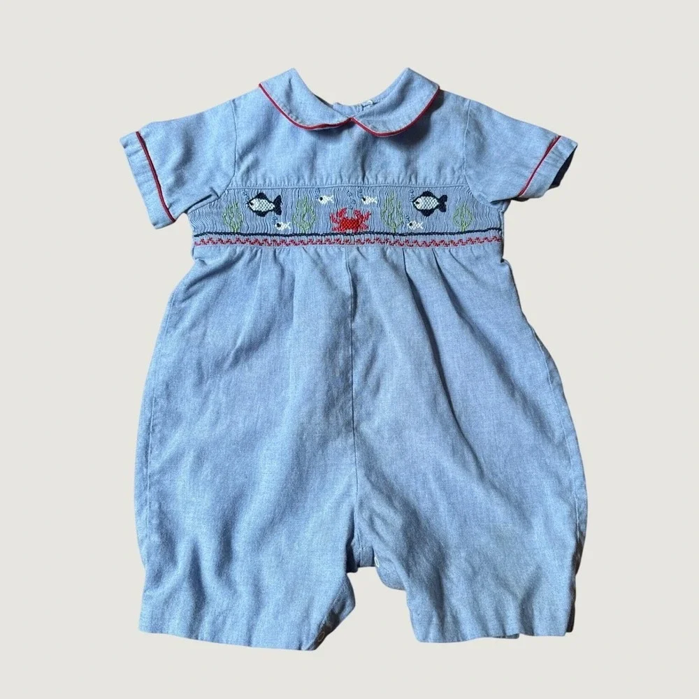Smocked Romper Baby Boy Blue Nautical Fish Crab SIZE 3-6M